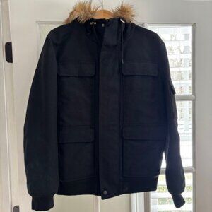 H&M Men's Black Wool Jacket with Fur Lined Hood - Like New! Size Medium